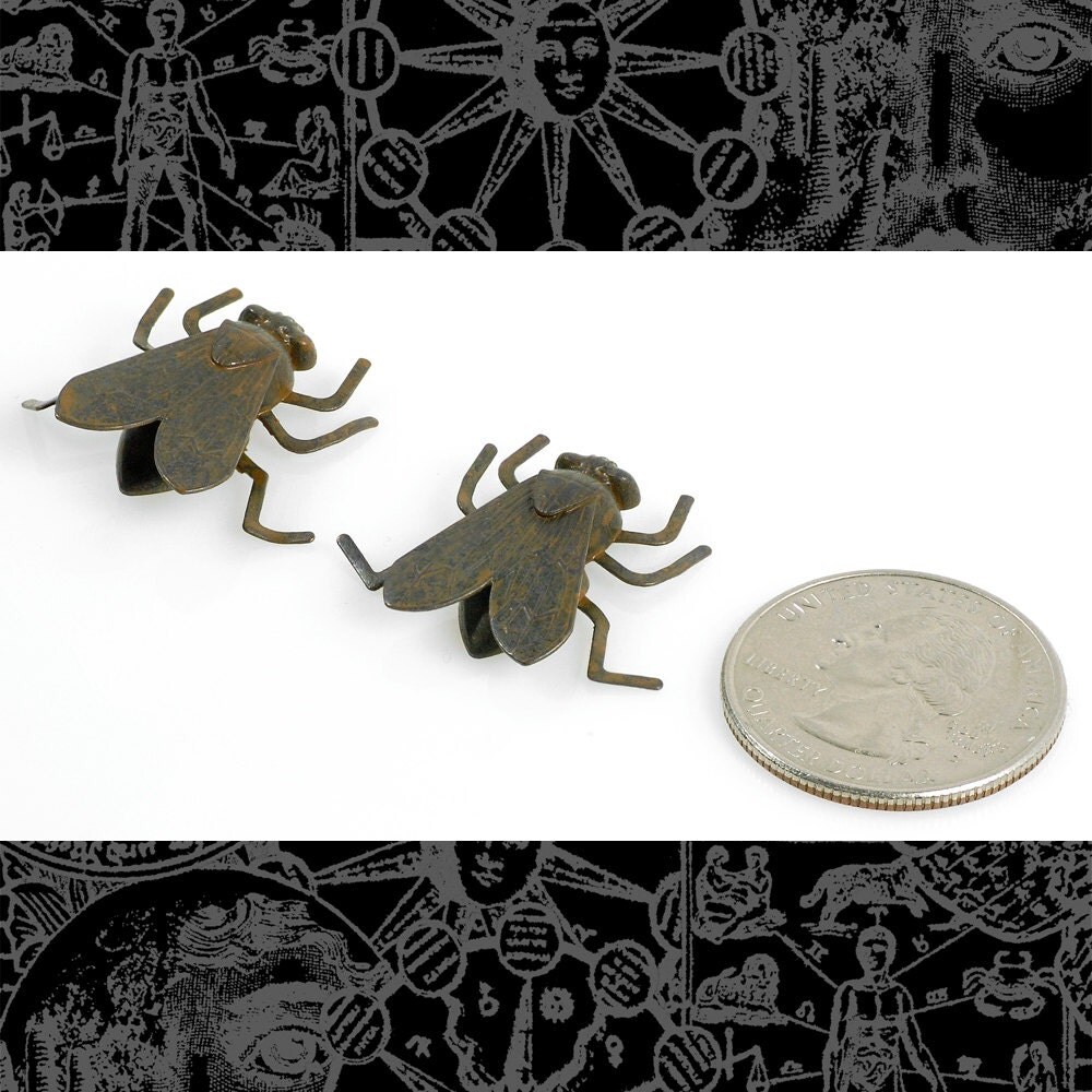 Chocolate Brown Plated Brass Life-Sized Black Fly Charms with Bendable Legs - Set of Two - RB-C130