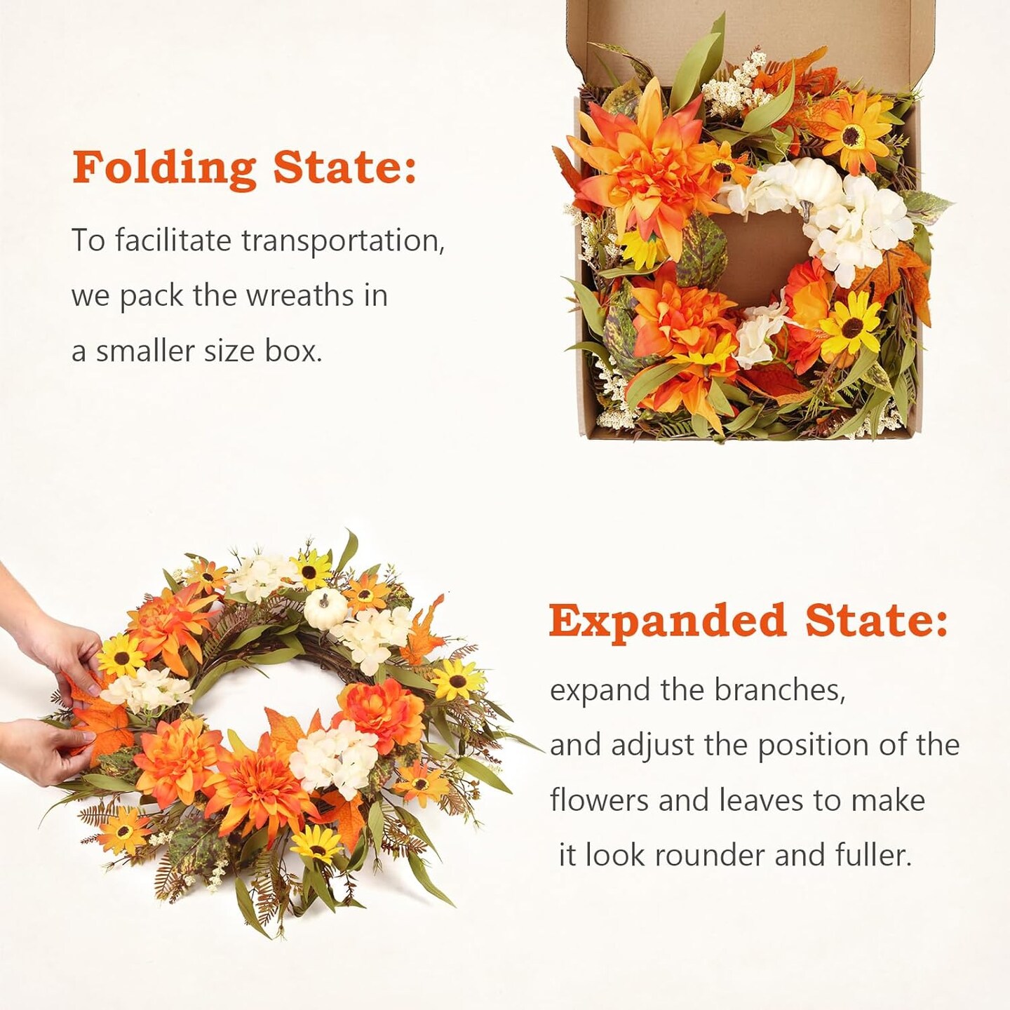 Artificial Sunflowers Autumn Flowers Wreath with Dahlia Peony Hydrangea Pumpkin Berries for Indoor Outdoor Window Wall Porch Harvest Halloween Thanksgiving Decor