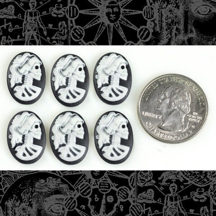 Black and White Skeleton Profile Lolita 18mm x 13mm Resin Cameos - Set of Six - CAM14