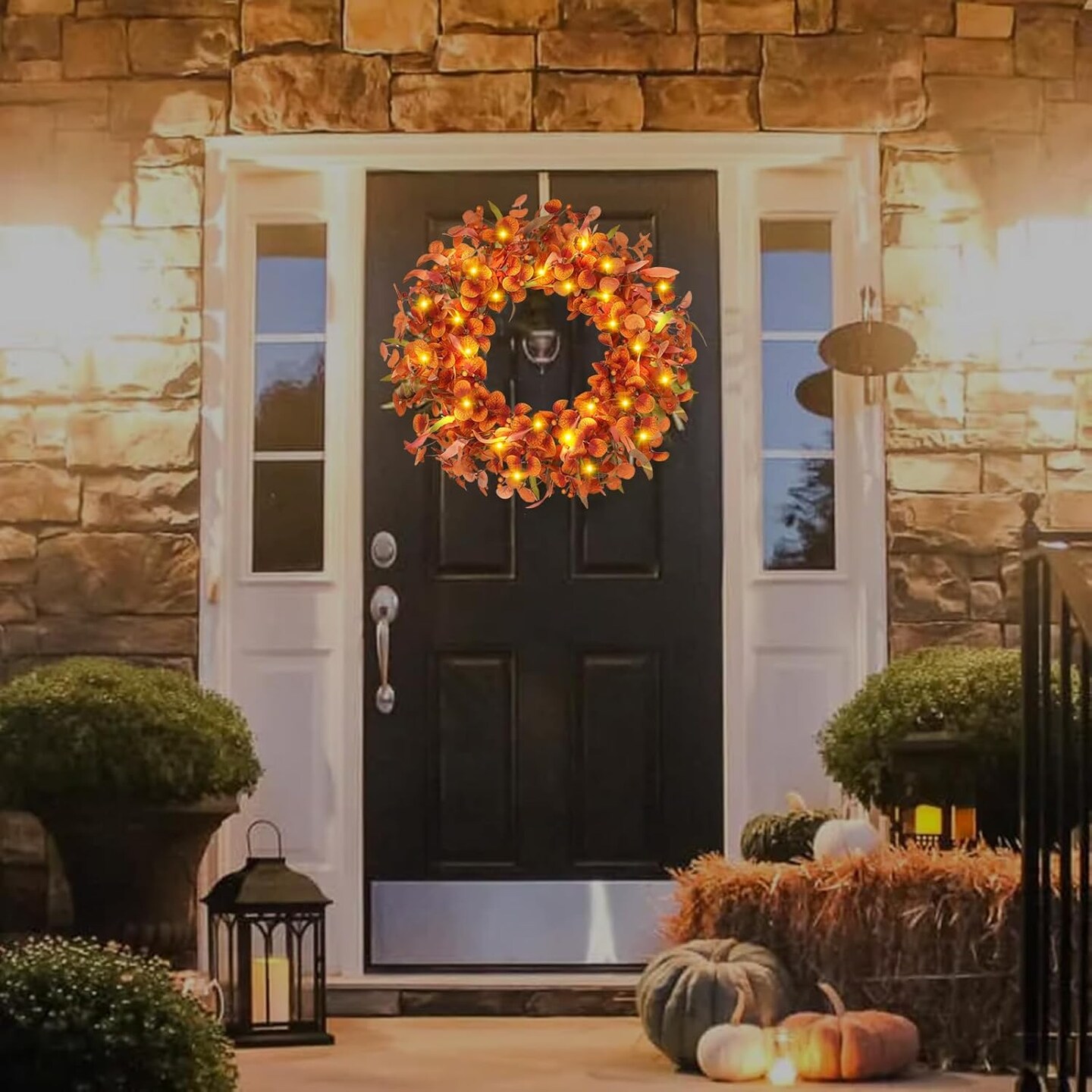 Fall Wreaths for Front Door with 30 LED Warm Lights Artificial Fall