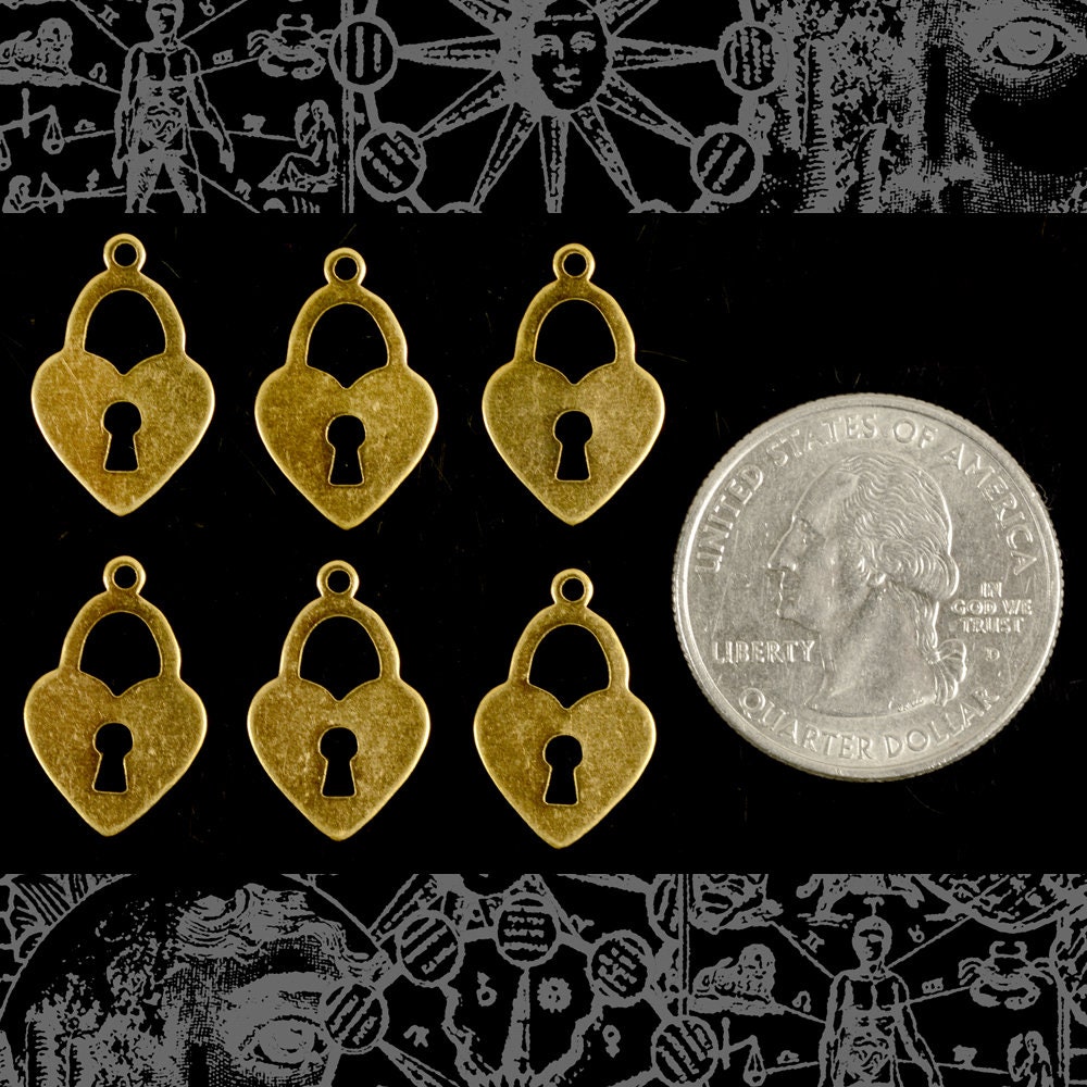 Antiqued Brass Heart Padlock Charms - Set of Six - AB-C202