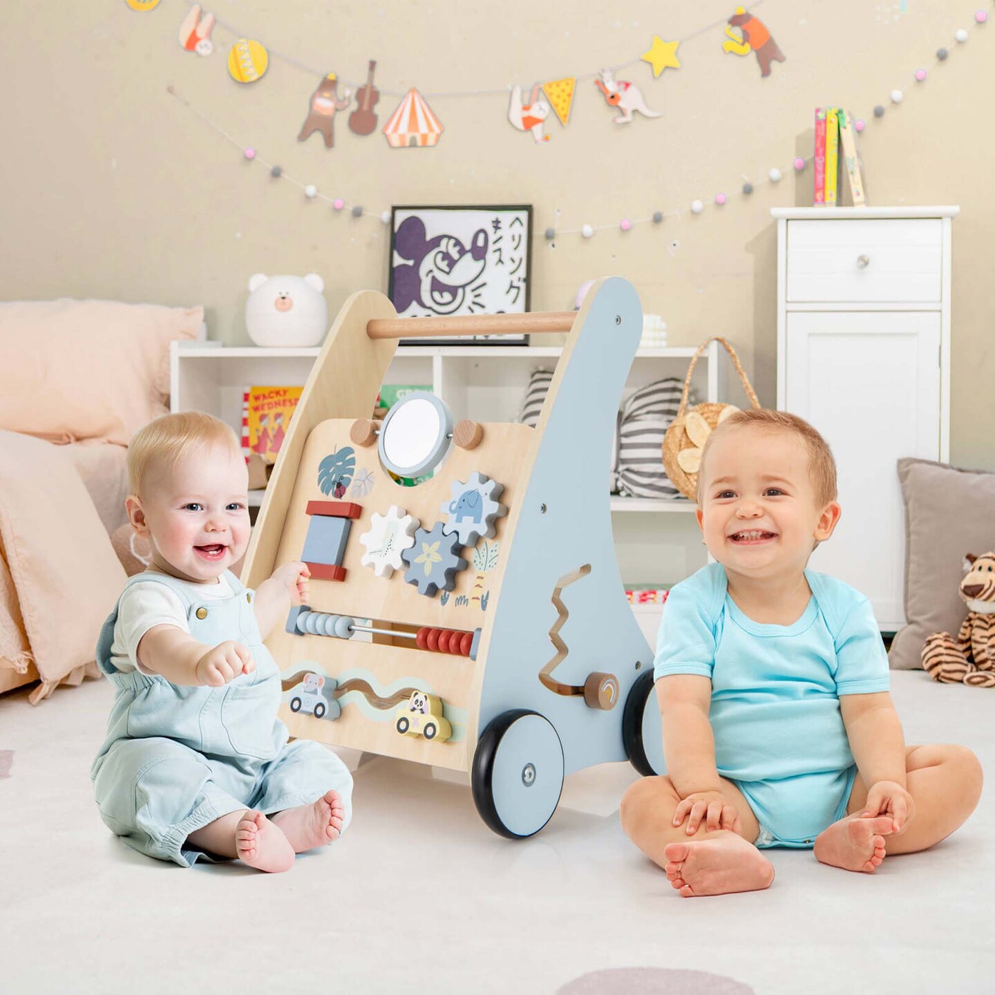 Costway Wooden Baby Walker Push &#x26; Pull Walker with Multi-Activity Learning Center