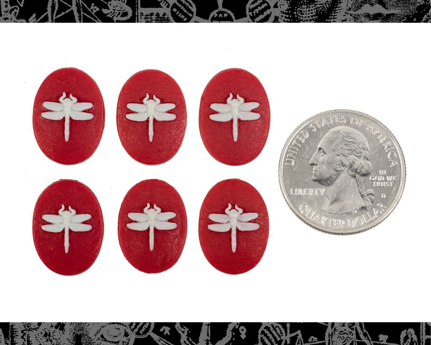 Red and White Dragonfly Cameos 18mm x 13mm Cameos- Set of Six - XXX - CAM276