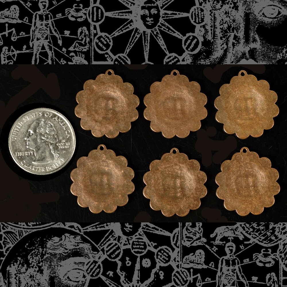 Antiqued Copper Plated Brass Sun Astrological Charm-Pendants - Set of Six - C-C37