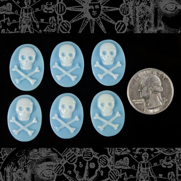 Blue and White Skull and Crossbones 24mm x 18mm Resin Cameos - Set of Six - CAM57