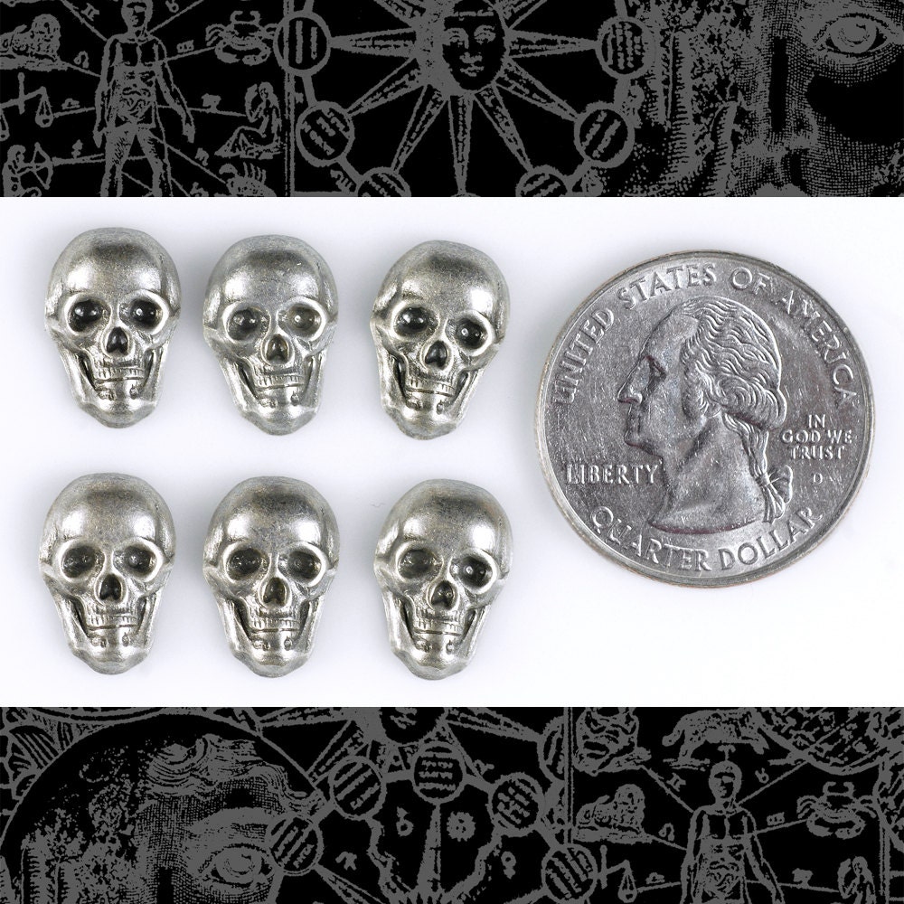 Antiqued Silver Plated Brass Skull Charms with no Rings - Set of Six - S-C104