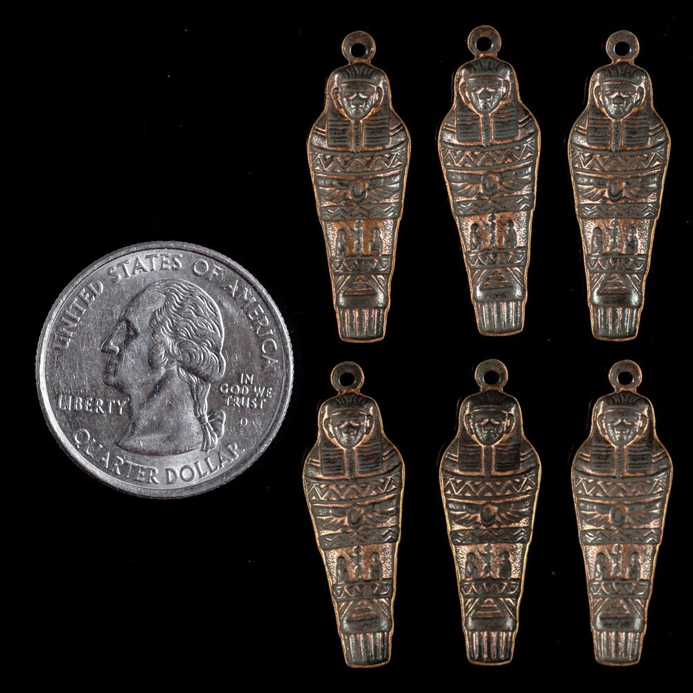 Antiqued Copper Plated Brass Egyptian Mummy Sarcophagus Charms or Pendants - Set of Six - C-C73