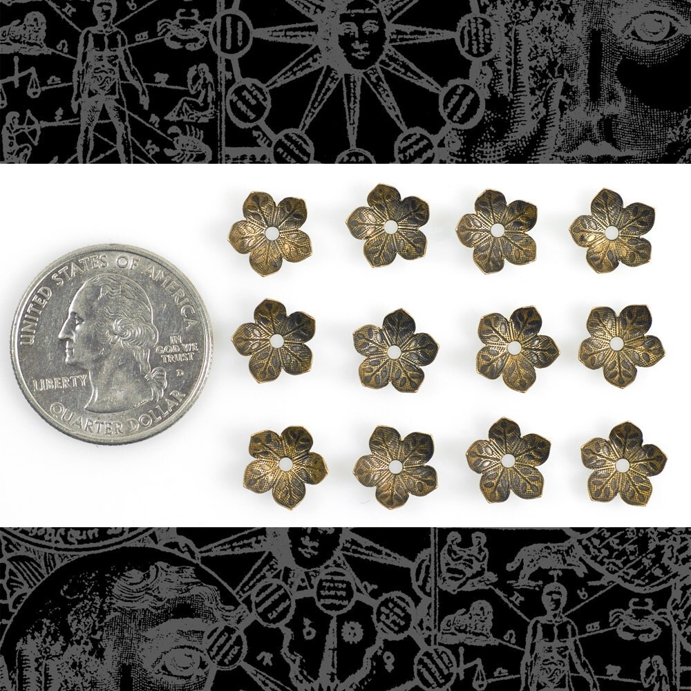 Antiqued Brass 8mm Floral Five Leaf Petal Brass Bead Caps - Set of 12 - AB-BC10