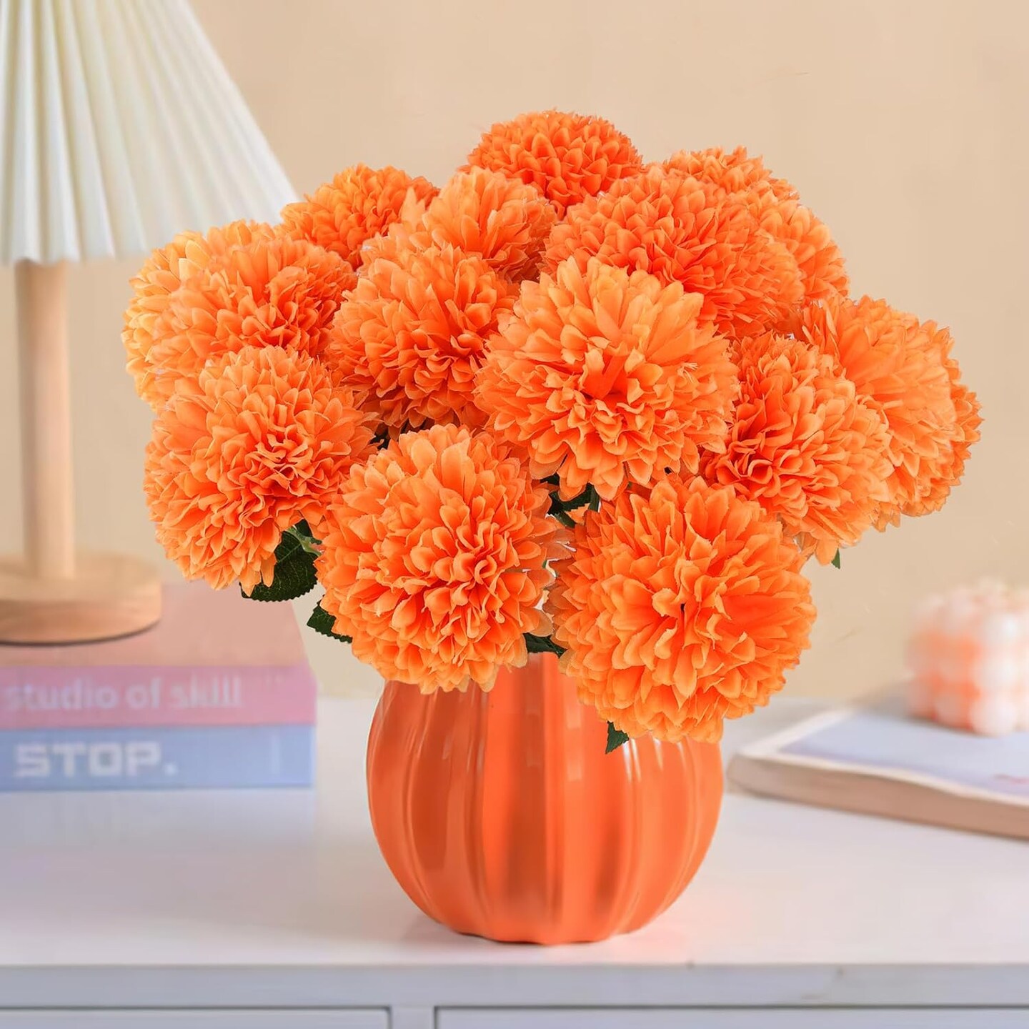 12 Pcs Artificial Chrysanthemums Flowers Ball Flowers, Orange Fake Mums Flowers Silk Fall Flowers