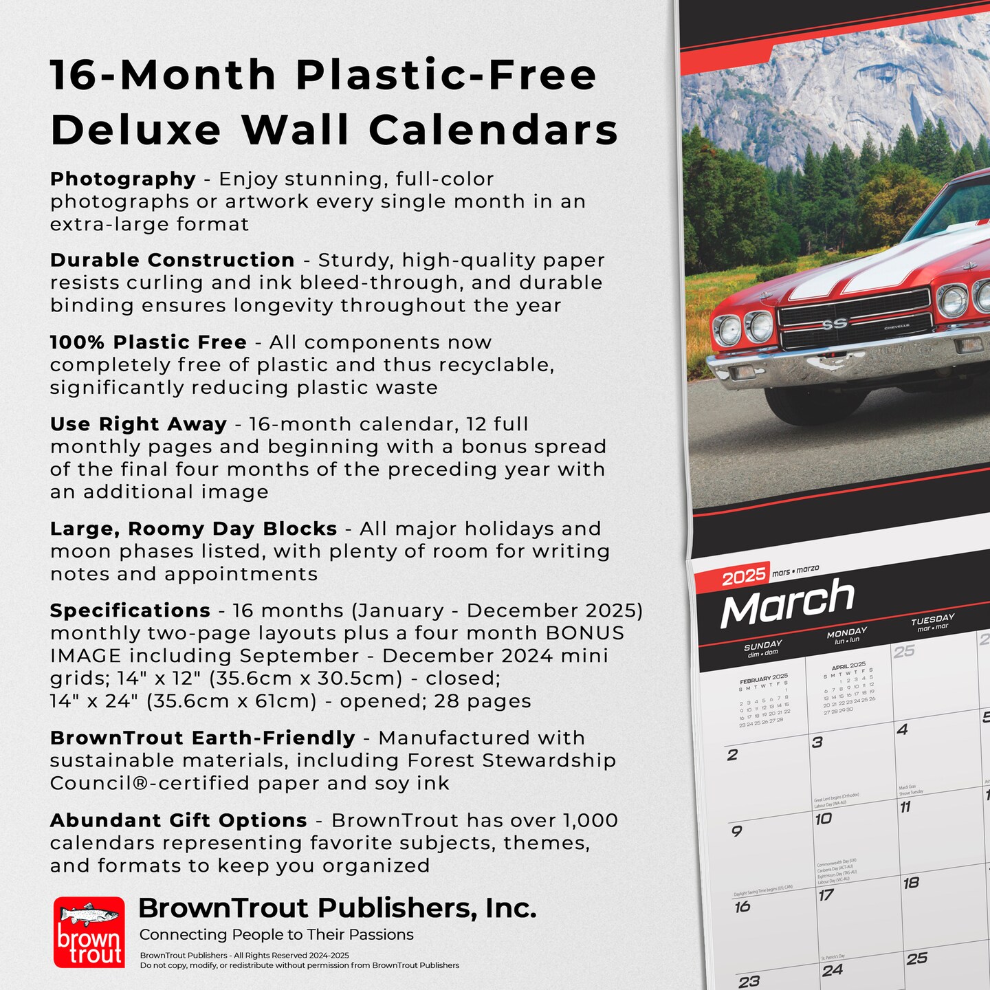 American Muscle Cars OFFICIAL | 2025 14 x 24 Inch Monthly Deluxe Wall Calendar | Foil Stamped Cover | Plastic-Free | BrownTrout | Racing Ford Chevrolet Chrysler Oldsmobile Pontiac