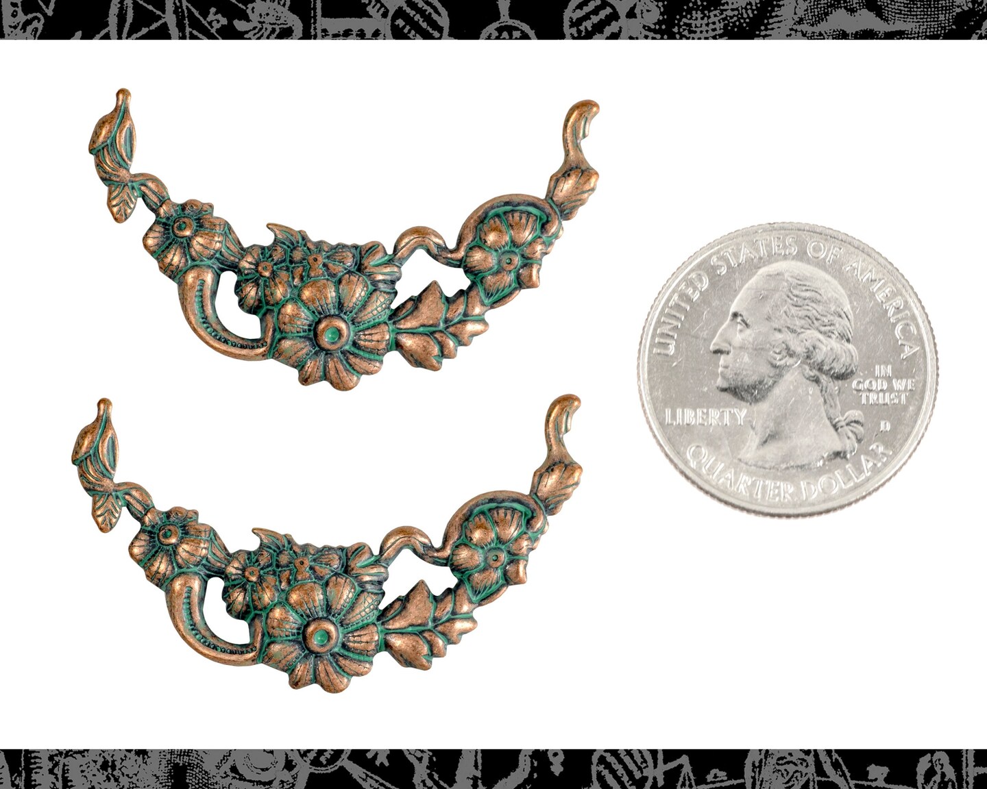 Verdigris Finished Brass Floral Crescent Wrap or Pendant - Set of Two - V-P123
