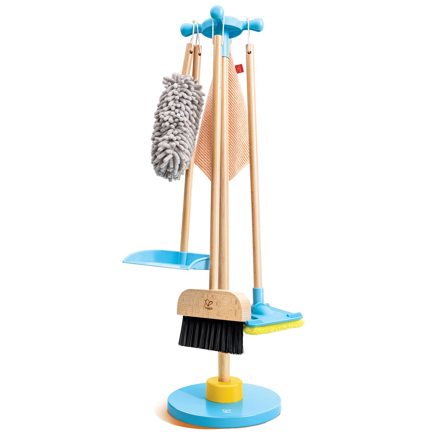 Hape: Clean Up Broom Set - 6pc, Yellow &#x26; Blue, Wooden Cleaning Toy Playset, Stand Holds Broom-Dustpan-Mop-Towel-Duster, Household Pretend Play, Kid 3+