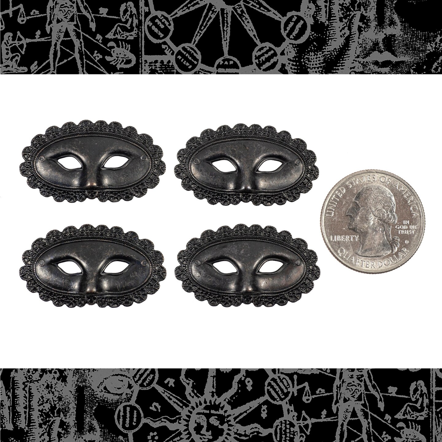 Black Plated Brass Smaller Mask Charms - Set of Four - BB-C216
