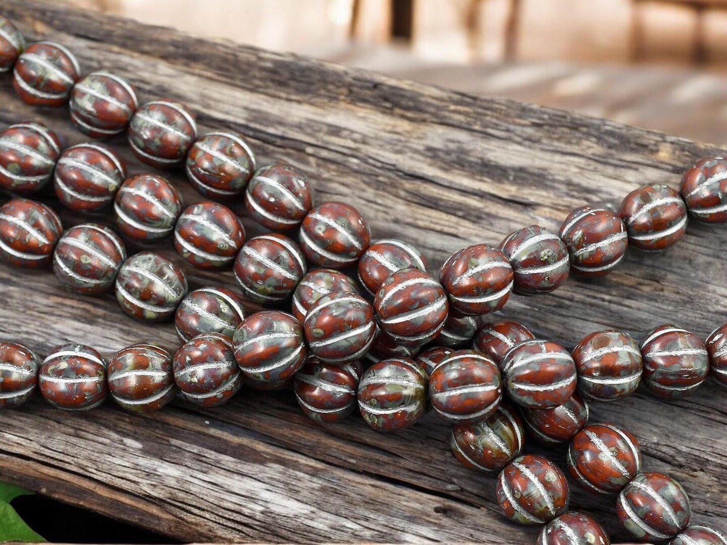 *16* 8mm Silver Washed Opaque Red Travertine Round Melon Beads