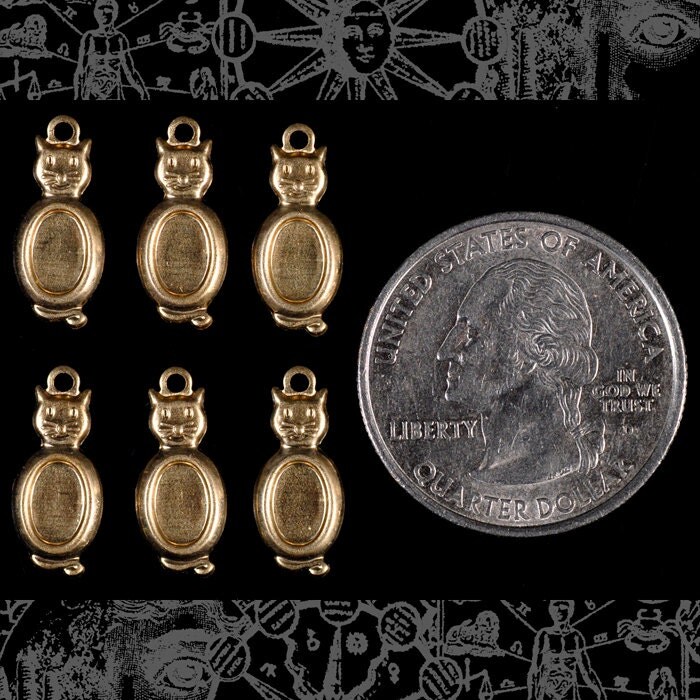 Raw Brass Miniature Sitting Cat Charms with 4mm x 6mm Setting - Set of Six - B-C125