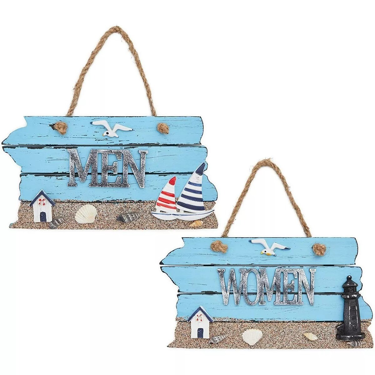 Wooden Bathroom Signs for Men and Women, Beach Decor (7.87 x 4.7 in, 2 Pack)