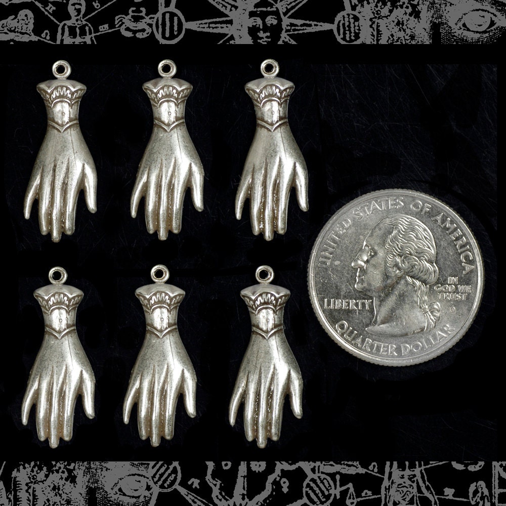Antiqued Silver Plated Brass Hand Charms with Ring on Wrist - Set of Six - S-C157