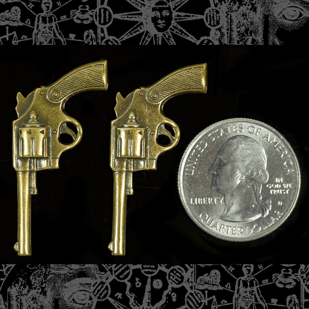 Antiqued Brass Medium Sized Western Gun Pendants - Set of Two - AB-P76