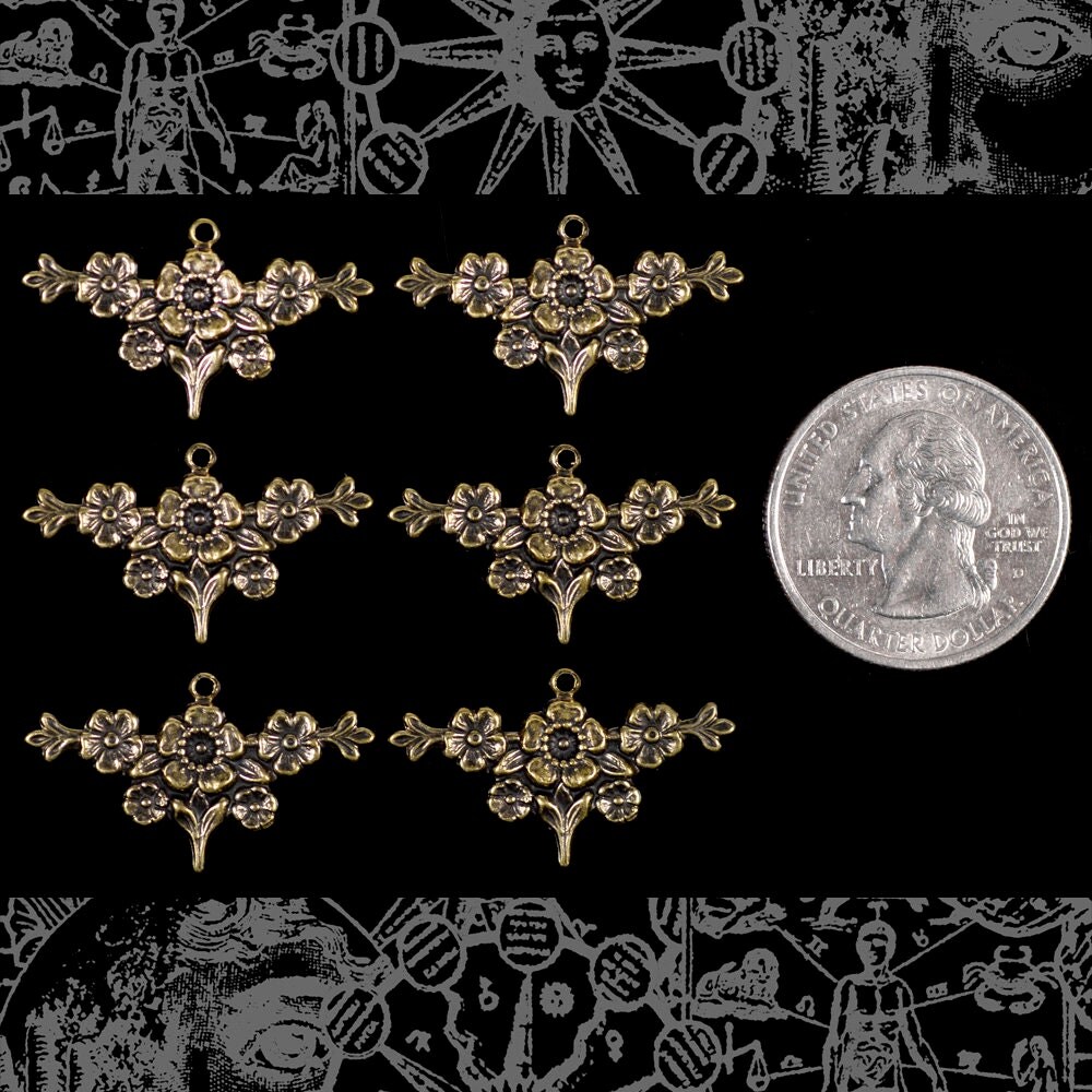 Antiqued Brass Flower Bouquet Charms or Wrap - Set of Six - AB-C208
