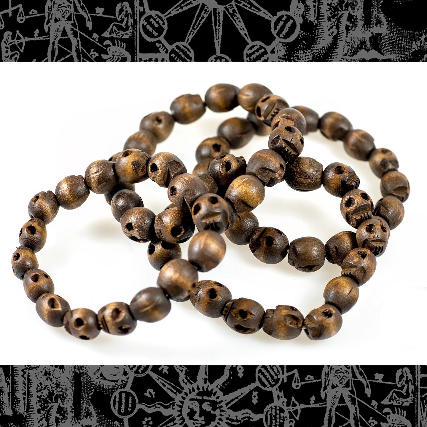 Carved Wooden Skull Bead Bracelets - Set of Two - BR-01