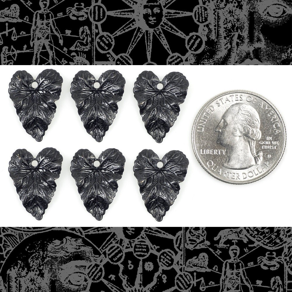 Black Plated Brass Heart Shaped Leaf Charms - Set of Six- BB-C49