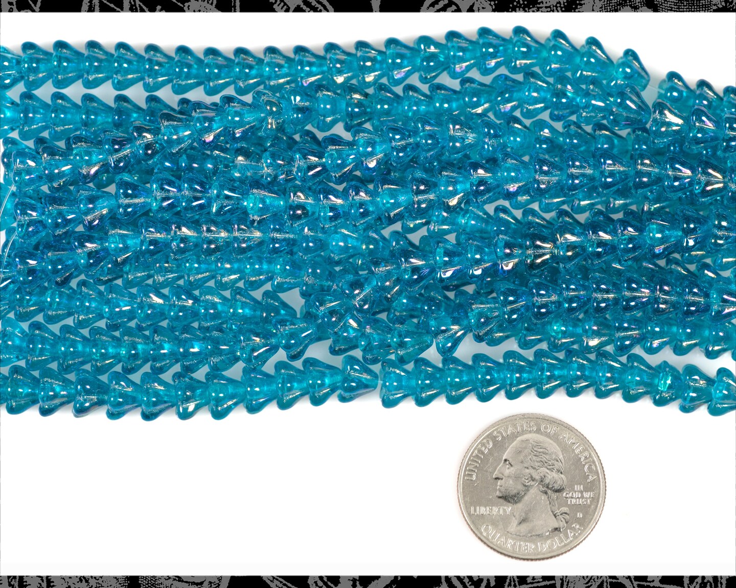 8mm x 6mm Glass Bell Flowers Beads in Luster Turquoise - One Strand with 25 beads GB-FB18