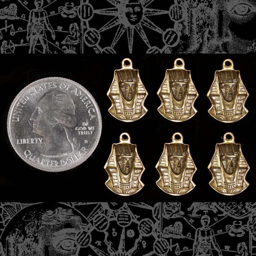 Antiqued Brass Pharaoh or King Tut Pendants or Charms - Set of Six - XXX - AB-C145