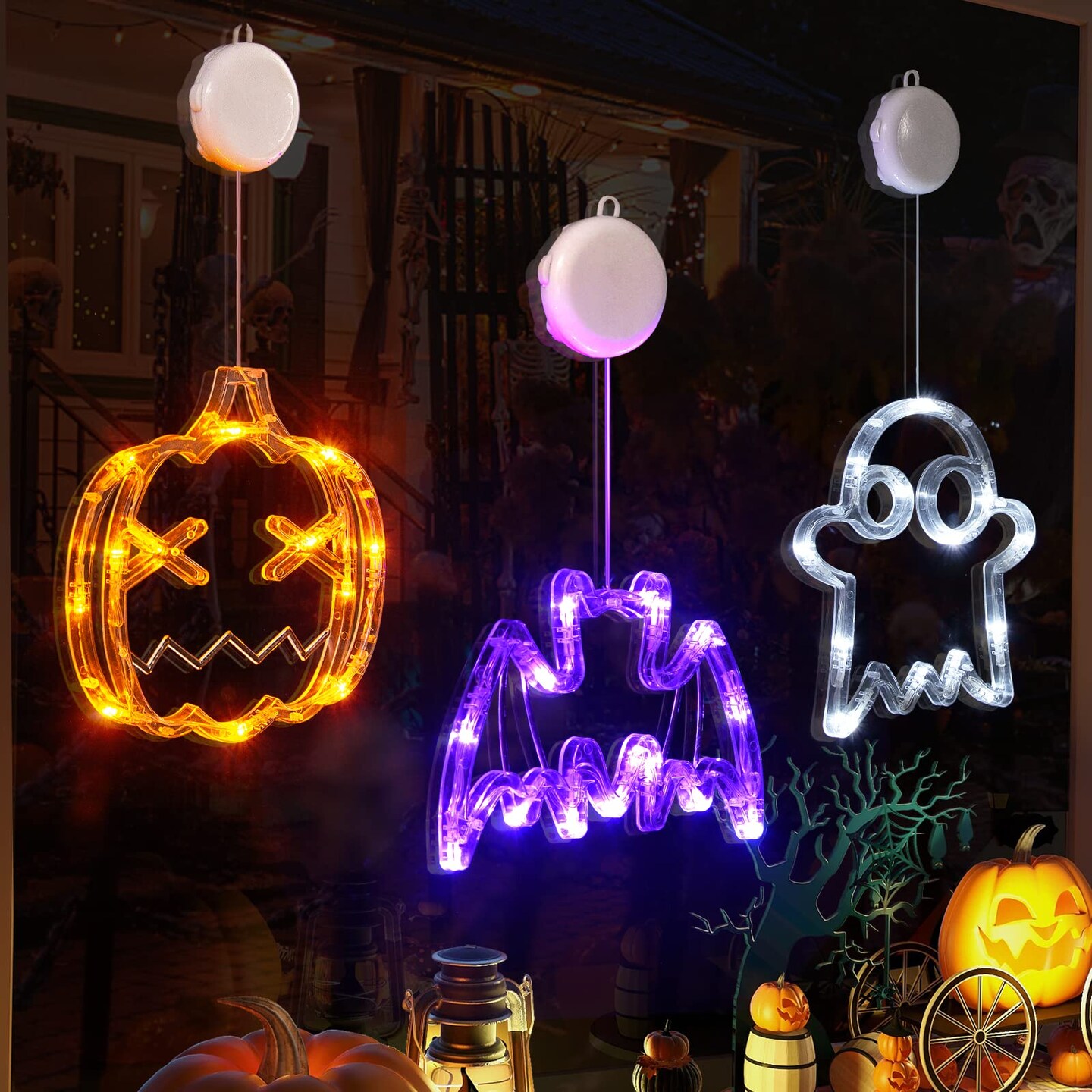 3 Pieces Halloween Decorations Orange Pumpkin, White Ghost, Purple Bat Halloween Window Lights with Suction Cup, Battery Operated Halloween Lights, Upgrade Slow Fade Mode and Timer Function