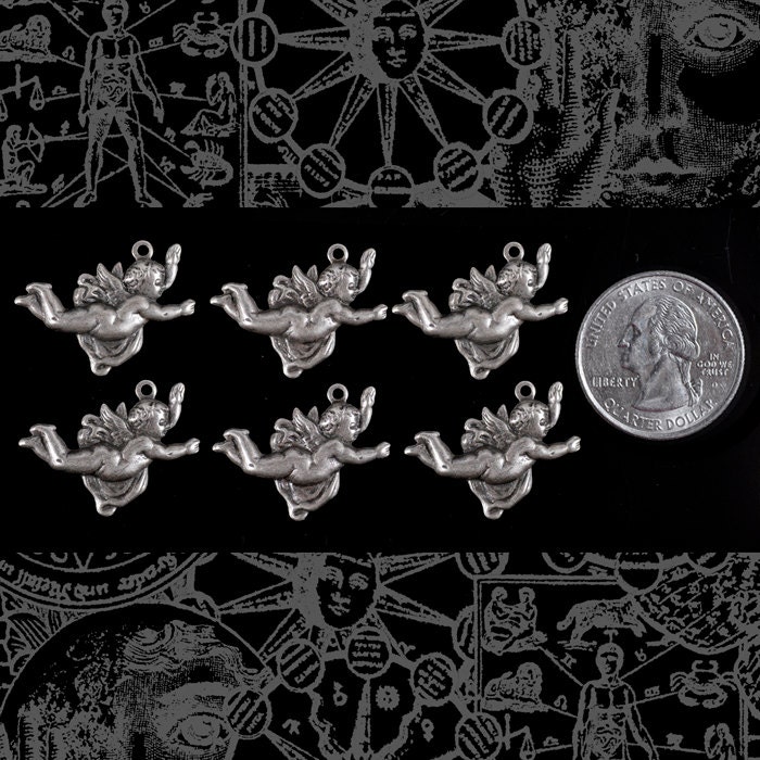 Antiqued Silver Plated Brass Flying Cherub Charms - Set of Six - S-C79