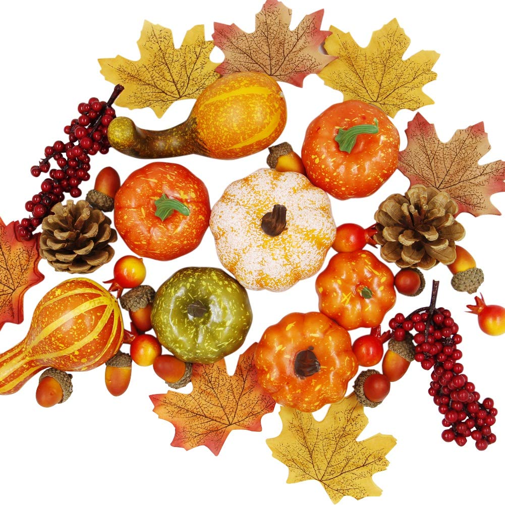 Thanksgiving Harvest Mini Artificial Pumpkins, 30 Maple Leaves 10 Acorns 2 Pinecones 8 Pumpkins 2 Red Berry 5 Pomegranate Pumpkin Decoration for Fall Autumn Harvest Day, Set of 57