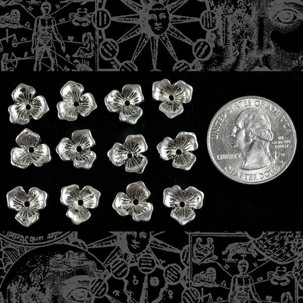 Floral Silver Finish 10mm Three Leaf Bead Caps - Set of Twenty-Four - ZS-BC01