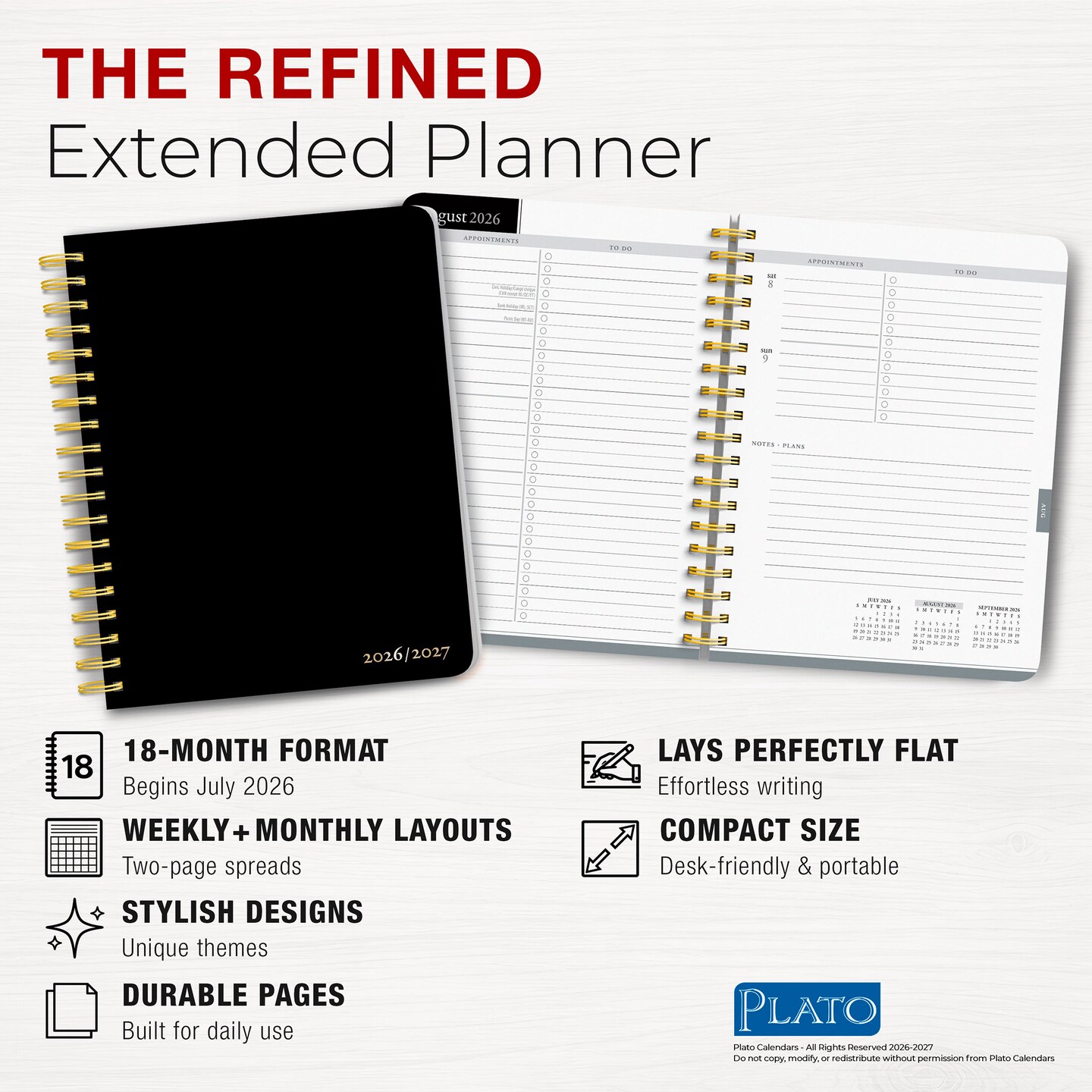 Black Solid | 2027 6 x 7.75 Inch 18 Months Weekly Desk Planner | Foil Stamped Cover | July 2026 - December 2027 | Plato | Planning Stationery