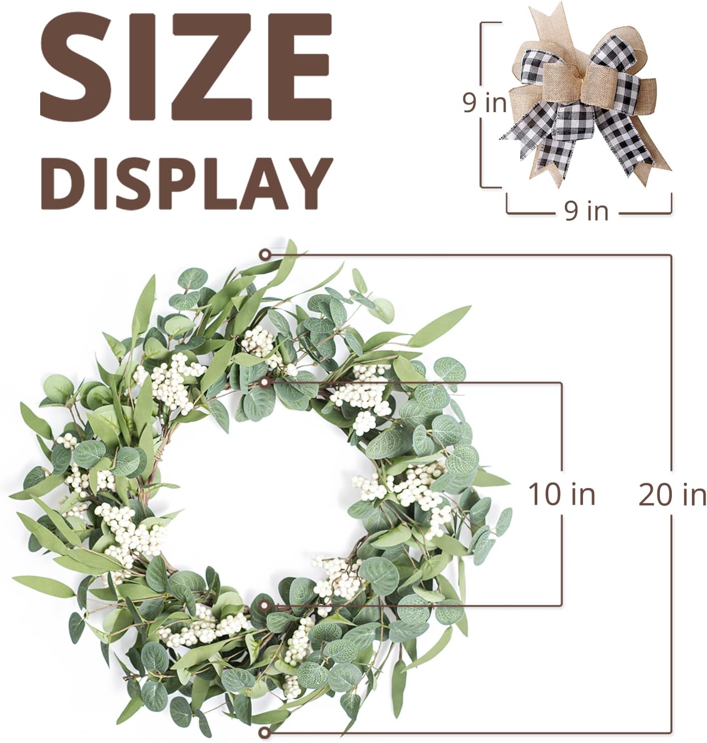 Eucalyptus Wreath for Front Door|20" Green Leaf Wreath for Window Home Porch Farmhouse Patio and Garden Indoor Outdoor Decor with Bow for Spring Summer Fall Winter