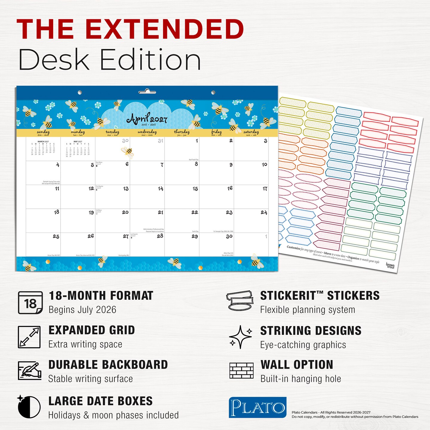 Busy Bees | 2027 14 x 10 Inch 18 Months Monthly Desk Pad Calendar | July 2026 - December 2027 | Sticker Sheet | Plato | Planning Stationery