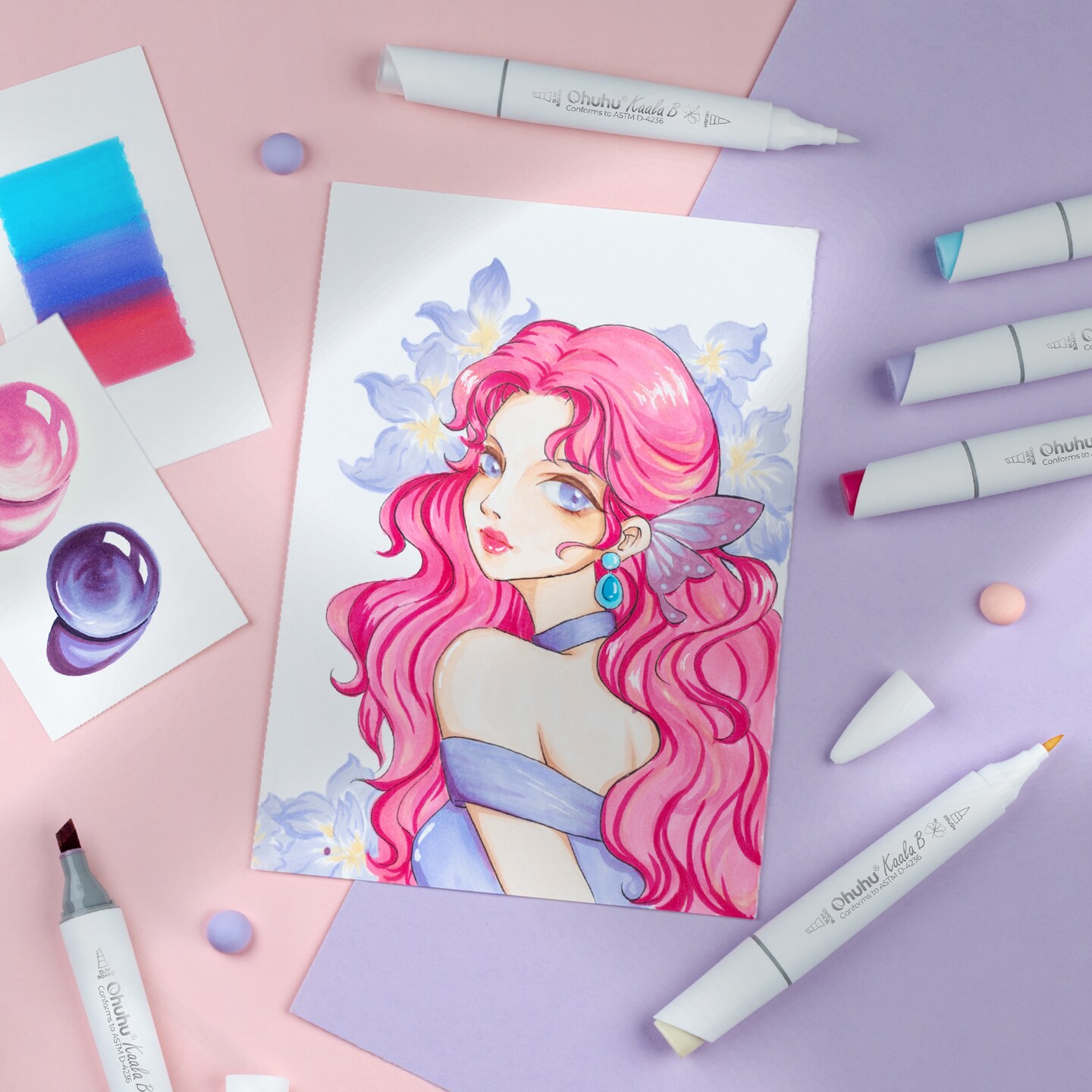 Ohuhu Alcohol Markers: Mini Brush & Slim Broad 60 Illustration/Landscape Colors Dual Tip Brush Tip Alcohol-based Art Marker for Artists Adults Coloring Illustration- Refillable - Kaala B Series of Ohuhu Markers