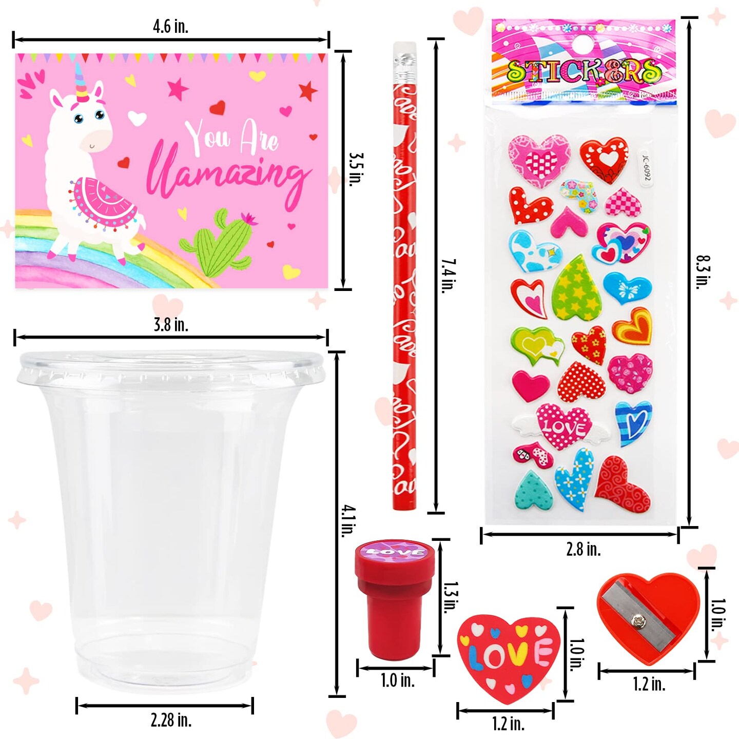 Valentines Day Gifts for Kids - 24 Pack Valentines Day Stationery Gift with Cards Pencils Stickers Erasers Stampers Sharpener Cups Classroom Prize School Exchange Boys Girls Party Favors