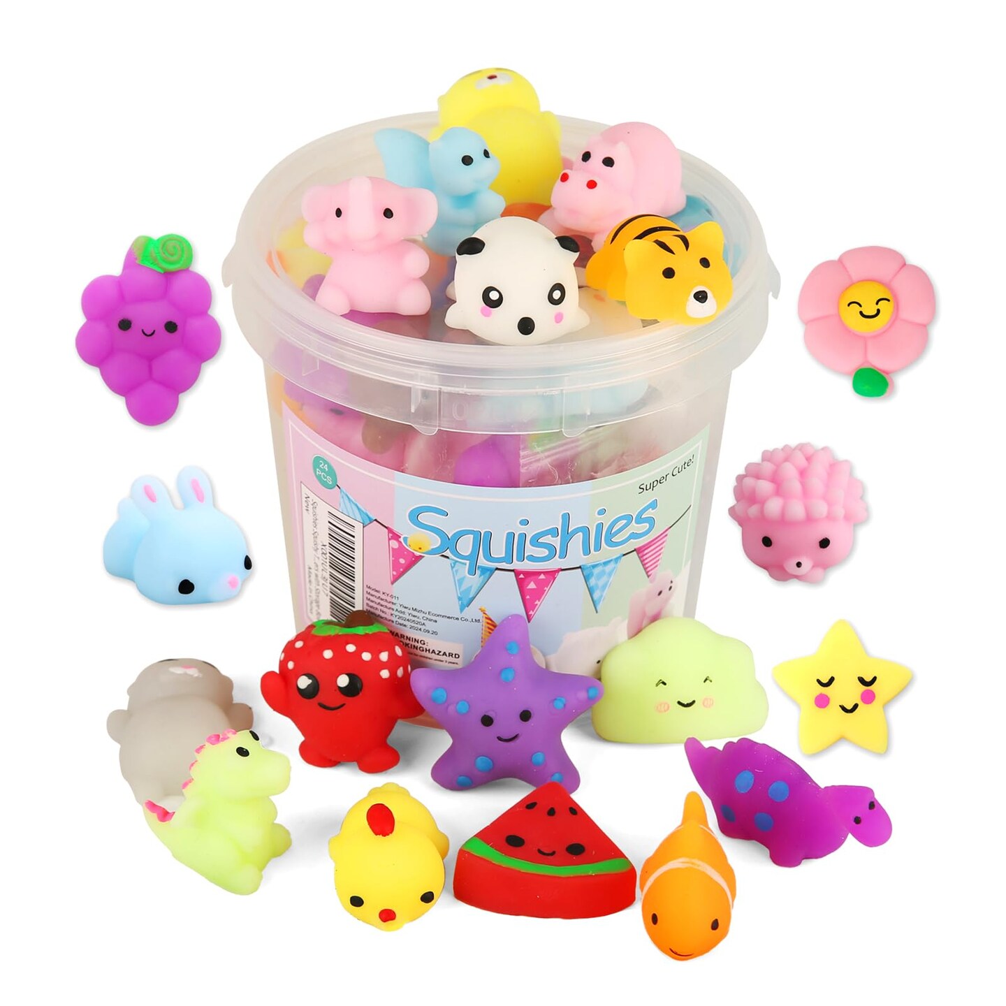 Squishies Squishy Toy 24pcs Party Favors for Kids Mochi Squishy Toy moji Kids Mini Kawaii squishies Mochi Stress Reliever Anxiety Toys Easter Basket Stuffers fillers with Storage Box
