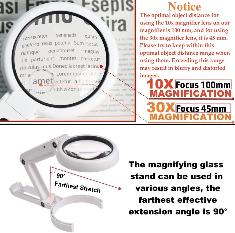 30X 10X Magnifying Glass with Light and Stand, Foldable Handheld Magnifying Glass &#x26; 2 Level Dimmable for Macular Degeneration, Seniors Reading, Close Work, Coins, Jewelry, Powered by Battery or USB