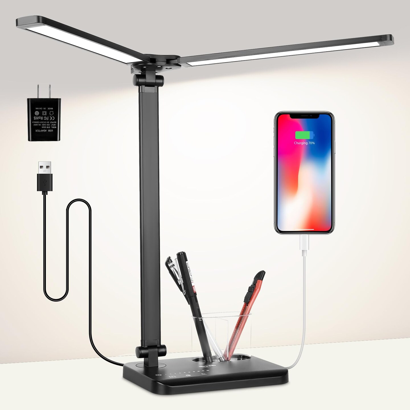 LED Desk Lamp with Dual Heads, 5 Color Modes &#x26; 10 Brightness Levels, Adjustable Reading Light for Home Office, Bedroom, Study, Craft (Black, Includes Adapter)