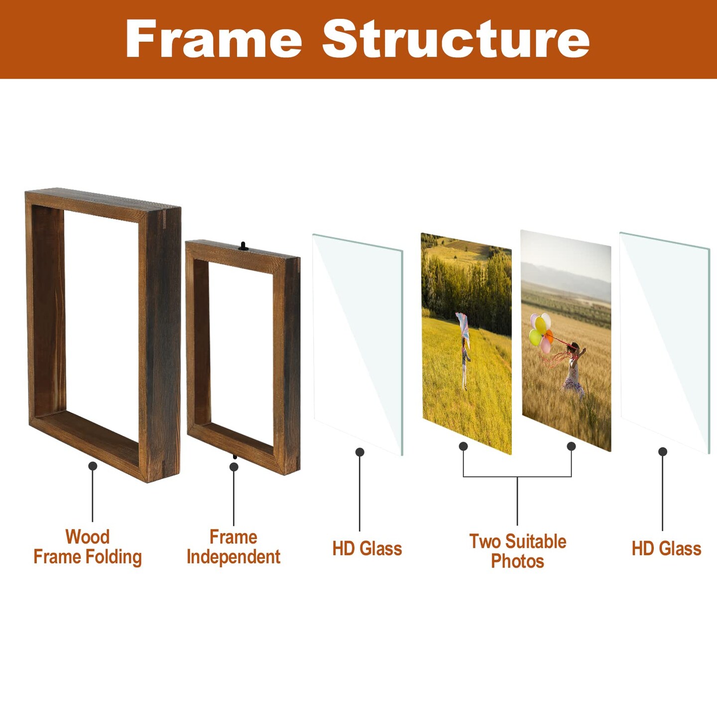 2 Pack 5x7 Rotating Floating Picture Frames,Double-Sided Display with HD Glass Front Wooden Distressed Frame for Vertical or Horizontal Tabletop Display, Carbonization