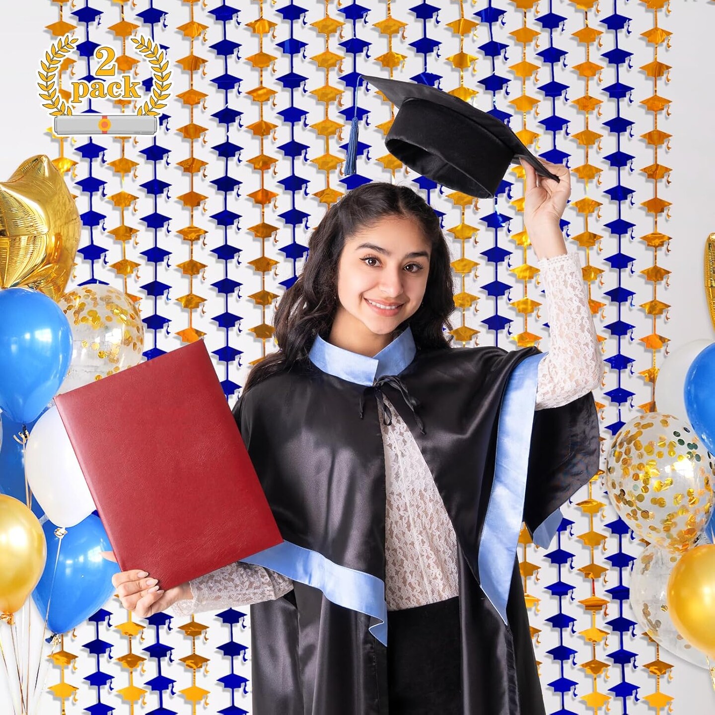 2025 Graduation Party Decorations, 2 Pack Blue and Gold Foil Fringe Curtain 3.3x6.6 ft, Tinsel Streamer, Graduation Photo Booth Prop Streamer Backdrop for High School College University Party