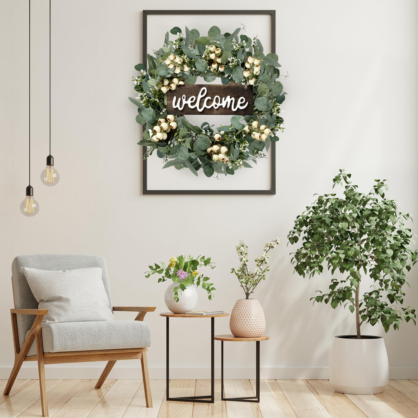 Green Artificial Eucalyptus Wreath with Welcome Sign 20in Spring Summer Wreath with White Berries for Front Door Wall Window Festival Porch Farmhouse Patio Garden Decor