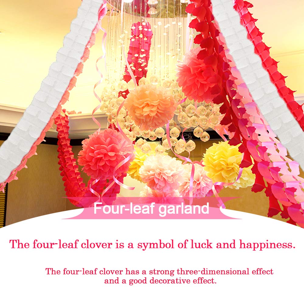 Party Streamers 6pcs, 11.81 Feet/3.6 M Each Reusable Four-Leaf Clover Paper Flower Garland for Party, Wedding Decoration (Pink-White-Orange)