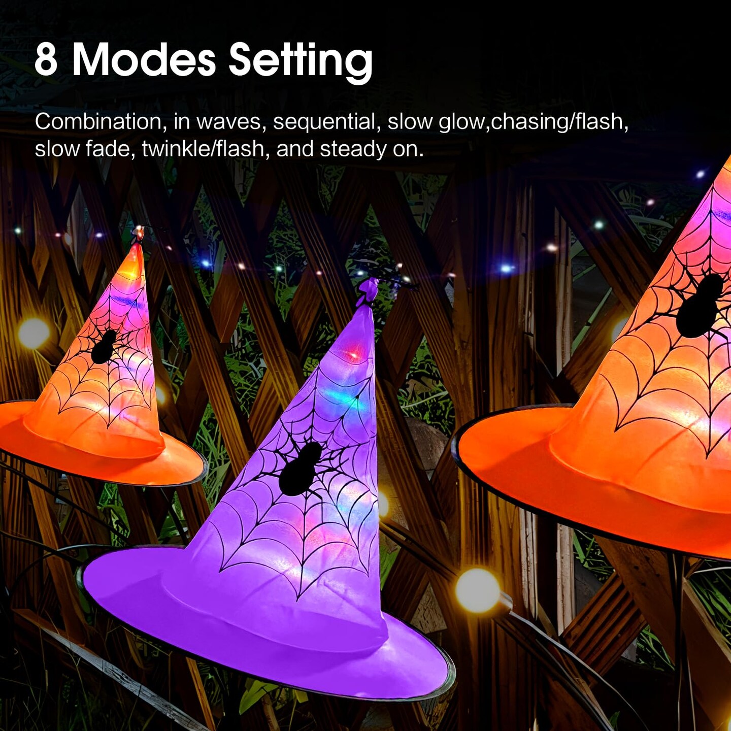 Halloween Decorations 8 Pcs Lighted Hanging Witch Hats, 14ft 56 LEDs Halloween Indoor Outdoor Remote Control String Lights, Battery Powered with 8 Lighting Modes for Garden, Yard, Tree