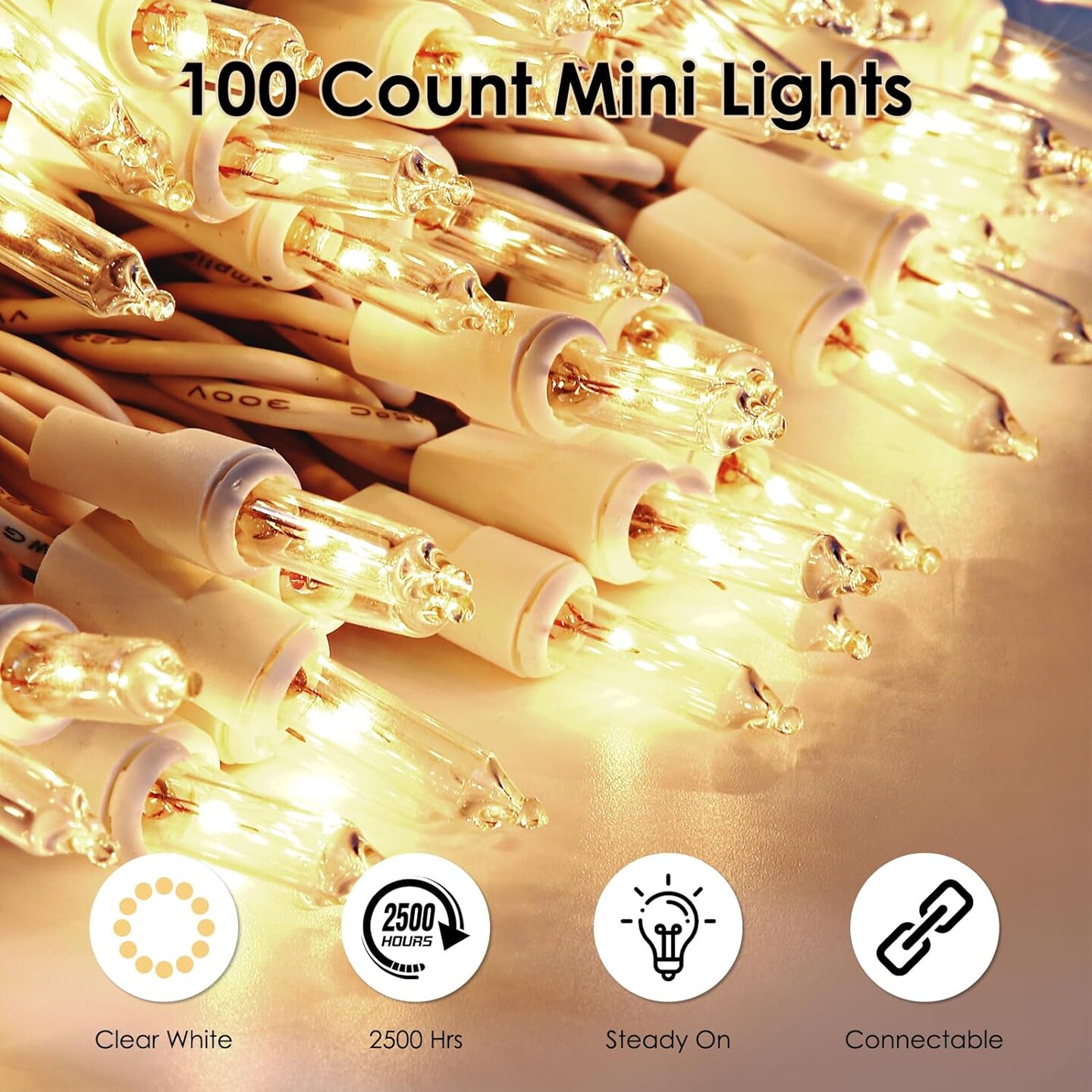 Christmas Lights 100 Count Clear Mini Lights White Wire UL Certified Connectable Warm White String Lights for Christmas Tree,Garland,Home,Patio, Wedding,Party,Festival Decor