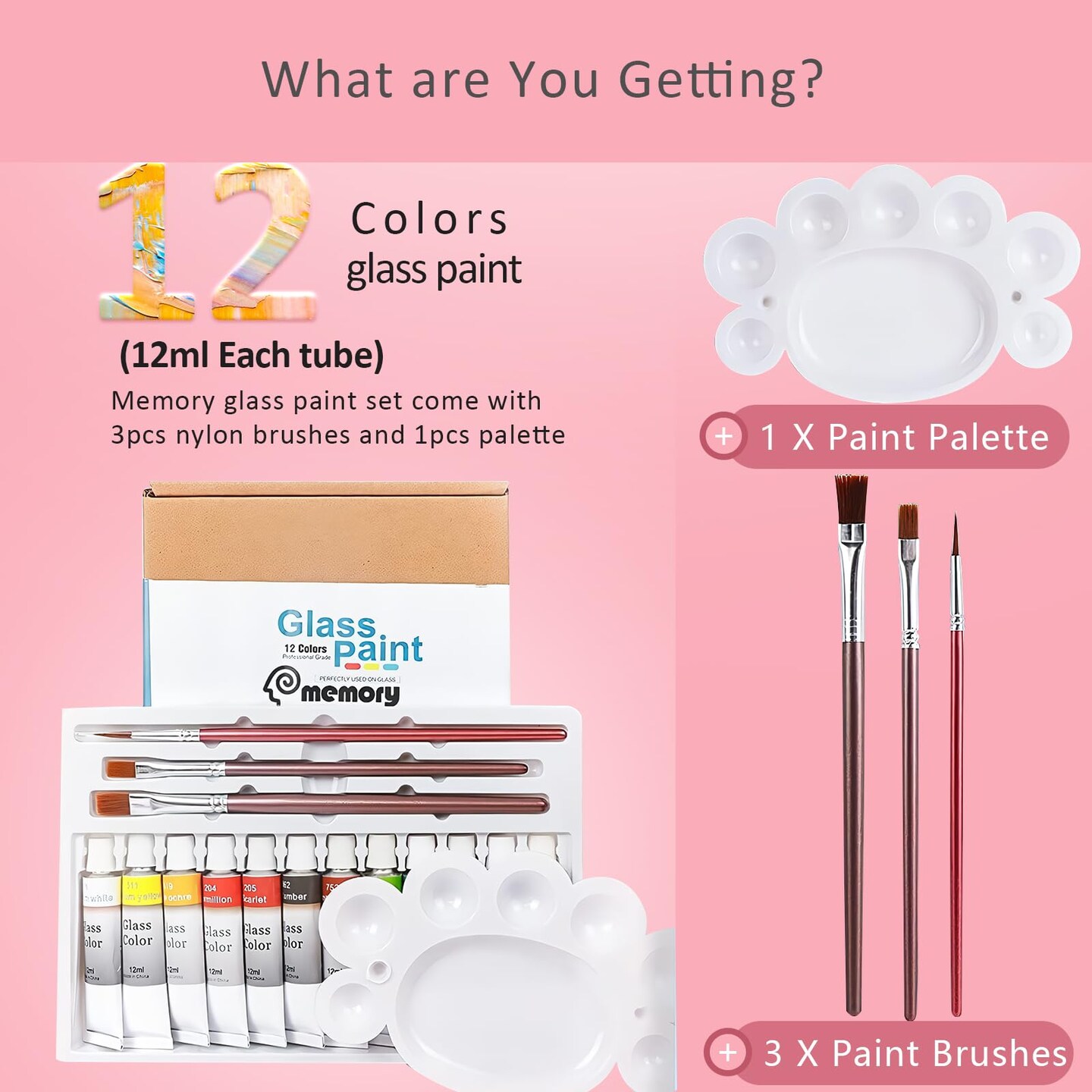 Stain Glass Paint Kit with 12 Colors, 3 Nylon Brushes, 1 Palette, Permanent Acrylic Enamel Painting Set to Create Translucent Arts on Transparent Wine Glasses, Enamel, Window and Glass