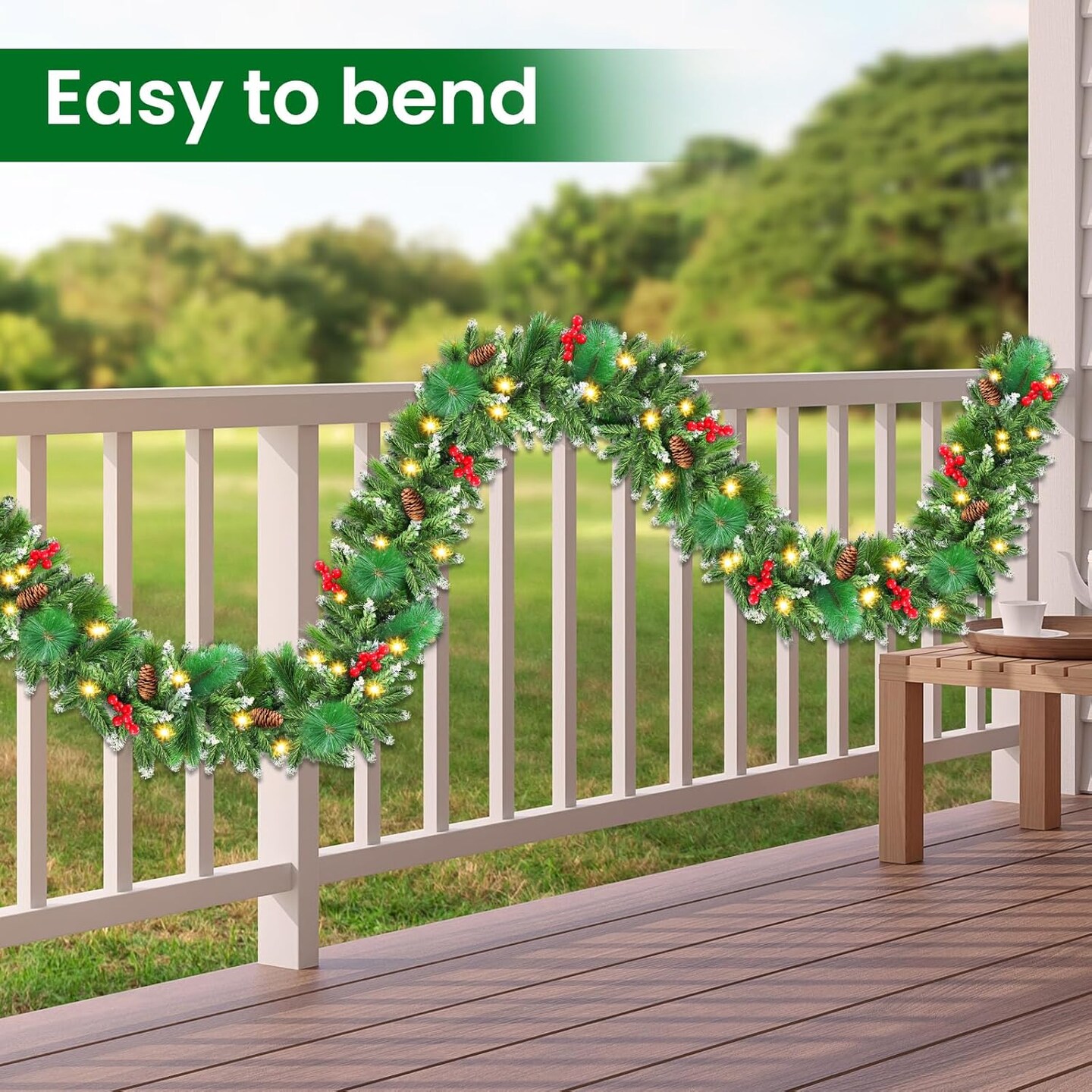 Christmas Garland with Lights, 50 LEDs 9FT Prelit Garland Battery Operated Outdoor Indoor Christmas Decorations Lighted Garland for Stairs Railing Fireplace Mantle Front Door Home Holiday Decor
