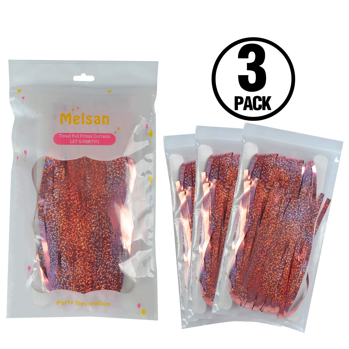 Foil Fringe Curtains Party Decorations - Melsan 3 Pack 3.2 x 8.2 ft Tinsel Curtain Party Photo Backdrop for Birthday Party Baby Shower or Mother&#x27;s Day Rose Gold