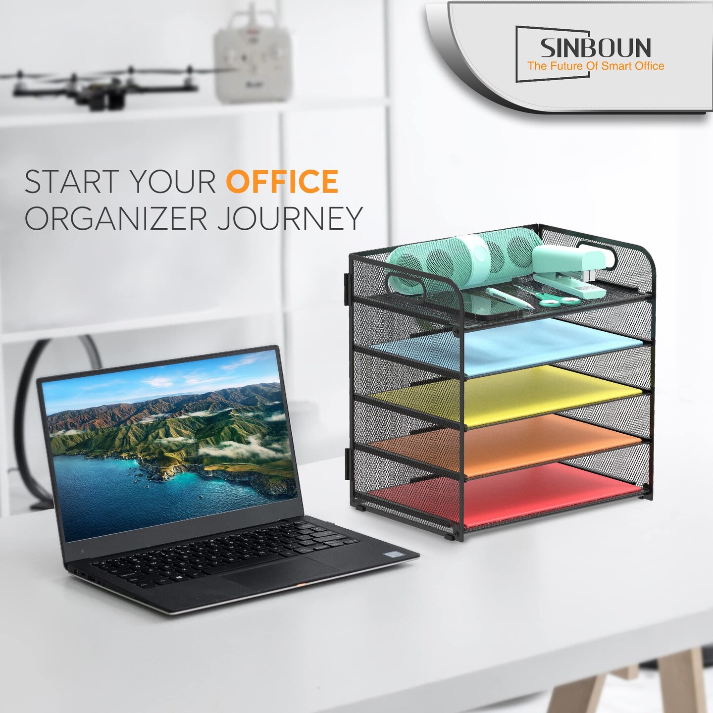 Letter Tray Paper Organizer 5-Tier Desk Organizer File Organizer Paper Holder with Handle, Metal Desktop Document Shelf Tray Office Classroom Organization - Black&#x26; Organizer Storage Tote Bag