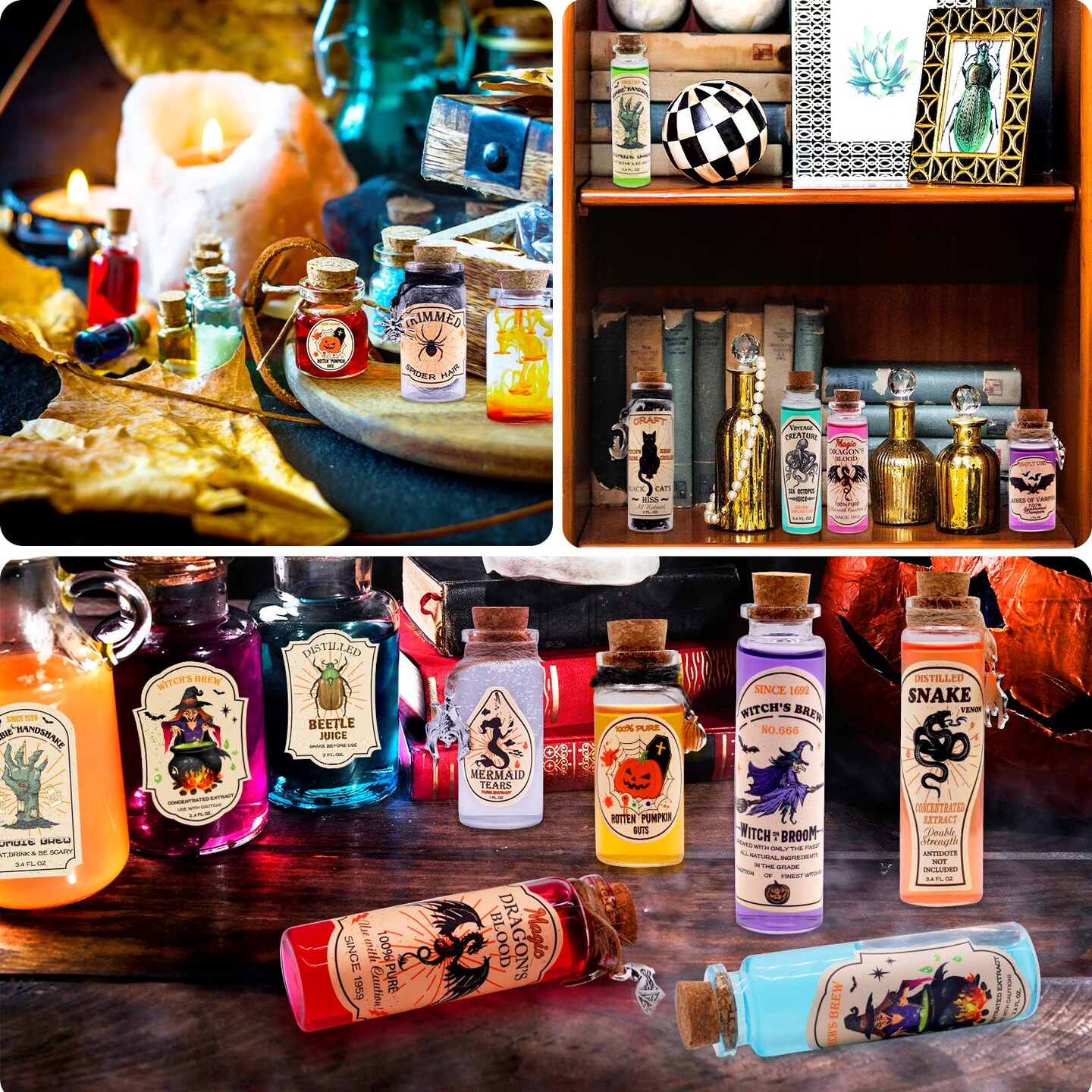 99 Pcs Apothecary Bottles Set with Halloween Stickers &#x26; Pendants - Tiered Tray Decor for Indoor Halloween Party Supplies